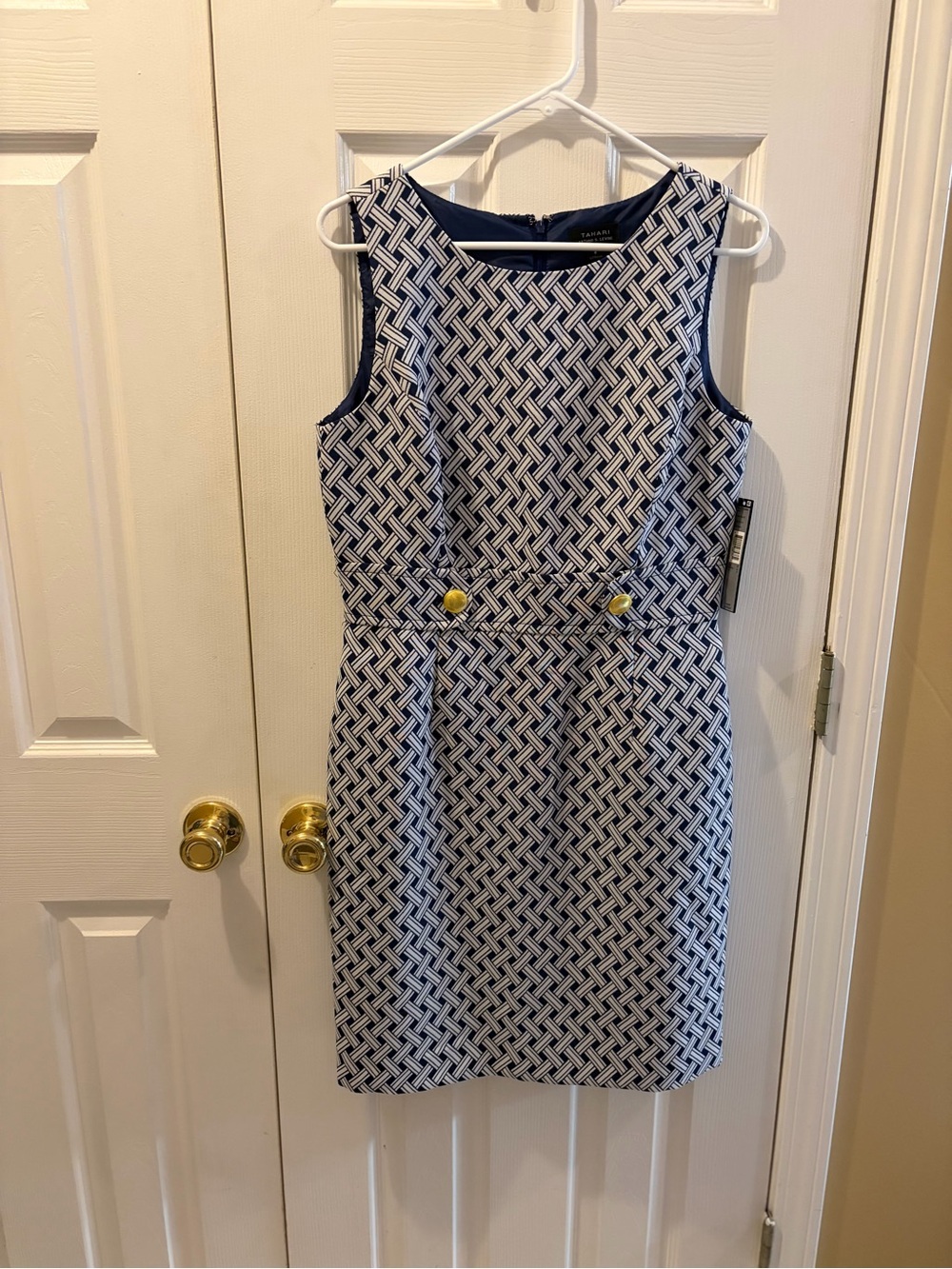 Tahari Classic Navy & White Patterned Sheath Dress